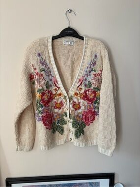Cambridge Dry Goods Cream Cardigan with Multicolor Floral Jacquard